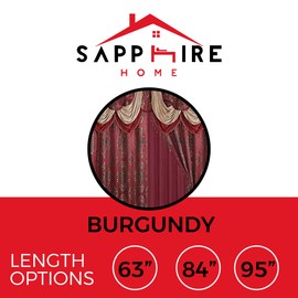 Sapphire Home Layla Rod Pocket Jacquard Window Curtain Drape Panels - Elegant Floral Curtains with Attached Valance, Sheer Backing, and 2 Tassels - Living Room Curtains - Burgundy and 95" Length