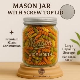 kitchentoolz Half Gallon Glass Mason Jars with Extra Wide Mouth & Metal Lids - Airtight Food Storage & Canning Jars with Measurement Markings - 64 oz (4pk)