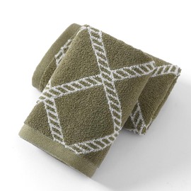 YiLUOMO 100% Cotton Green Hand Towel White Diamond Pattern Super Soft Bath Hand Towel for Bathroom Home Decorative 13x29 Inch, 2 Pieces