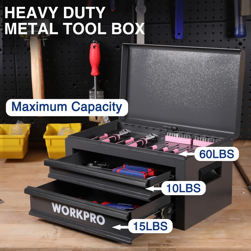 WORKPRO 15 Inch Metal Tool Box with 2 Drawers &