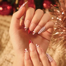 Christmas Short False Nails, 24Pcs Red French Manicure False Nails Press on Nails, Full Cover False Nails White Almond Stick on Nails, Stick on Nails for Women and Girls Nail Art