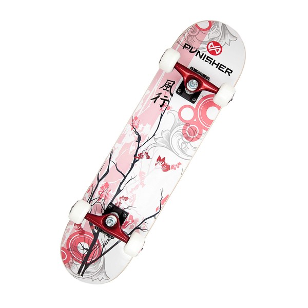 Punisher Complete Skateboard for Beginners 31.5" x 7.75" Skate Board for Girls Adults Kids Teens with 7 Layers Canadian Maple Double Kick Concave Deck & ABEC-7 High Speed Bearings (Cherry Blossom)