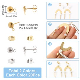 SUNNYCLUE 1 Box 80 Hemisphere Stud Earrings 304 Stainless Steel Earring Studs with Loop 40 Earring Ball Stud 40 Butterfly Earring Backs for Jewellery Making Accessories DIY Earrings