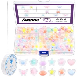 Swpeet 147Pcs Macaron Colors 12 Styles Transparent & Frosting Acrylic Beads and Beading Needles with Elastic Cord Assortment Kit, Star Flower Candy Bunny Round Love Heart Flower Bead for DIY Jewely