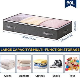 Boic 1 x 90 L Underbed Storage Box with Lid, Foldable Clothes Storage Bag for Duvets, Clothes, Underbed Wardrobe, Grey