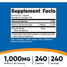 [Japanese Vitamin Supplements] Nutricost Vitamin C (1000ng) + Rosehip (25 mg) 240 Capsules Non-GMO Gluten Free