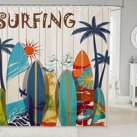 jejeloiu Surfboard Shower Curtain for Bathroom 72"x72" Kids Beach Palm Tree Bath Curtain for Boys Girls Teens Surfing Rustic Wooden Plank Bathroom Accessories Coastal Car Waterproof,12 Hooks Suits