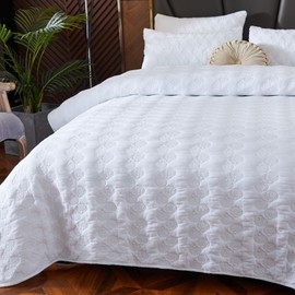 Brandream Luxury White Quilt Bedding Set Queen Size Cotton Quilted Comforter Set Coastal Seashell Matelasse Coverlet Set 3-Piece