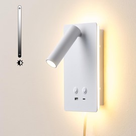 MOLUOLA LIGHTING LED Wall Lamp Wall Mounted Reading Lights with 3 Brightness Dimmable, Adjustable Headboard Plug in Wall Sconce with USB C+A Ports, Bed Side Lamp with 9W+3W Night Light 3000K