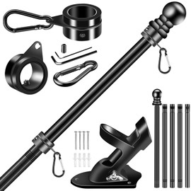 BONWIN Black Flag Pole Kit for Outside House, 6 FT Thickened Stainless Steel Wall Mount Flagpole for 3x5'/4x6' Flag, 1" Anti-Wrap Spinning Flag Ring Clips & 2-Position Bracket Holder for Porch Yard