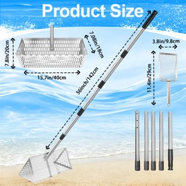 Sand Flea Rake Stainless Steel Beach Sand Sifter with Sharp Digging Teeth, 56" Split Long Handle 16 Inch Large Basket Sand Crab Rake for Collect Sand Fleas, Shells, Shark Teeth & Fishing Live Bait