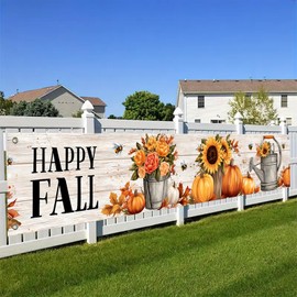 BlissYard Fall Banner Happy Fall Backdrop Pumpkins Sunflowers Bees Watering Cans 118x20 inches Autumn Harvest Decor Seasonal Party Supplies Fall Celebration Wall Hanging Decoration