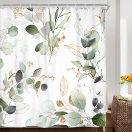 Riyidecor Sage Green Shower Curtain 60Wx72H, Eucalyptus Golden Leaves Spring Botanical Bathroom Curtains, Watercolor Farmhouse Farm Plants Shower Curtain Sets with 12 Hooks Ideal for Bathroom Decor