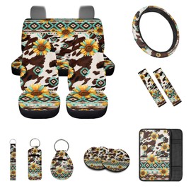Quelytytrip Sunflower Cow Aztec Print Car Seat Covers Full Set with Steering Wheel Cover Seatbelt Pads Armrest Pads Coaster Keychain,Brown Cow Sunflower Car Accessories Set