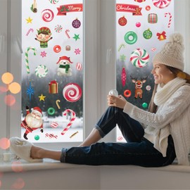 WALPLUS Christmas Window Stickers Clings Xmas Decoration Sale Clearance Reusable Double-Sided Print Decals for Glass Living Room Windows Display Christmas Crew in Candyland 105 Pieces