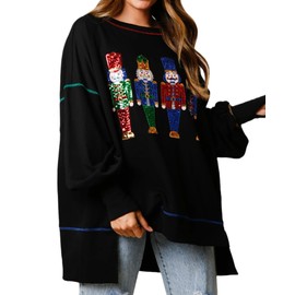 Glkaend Women's Cute Santa Christmas Sweatshirts Funny Graphic Lightweight Nutcracker Sequins Long Sleeve Pullover Hoodies,Black #1,XXL
