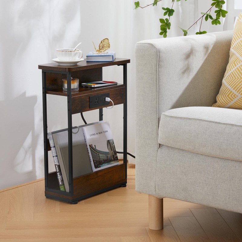 Narrow Side Table With Charging Station, 3-Tier End Table with