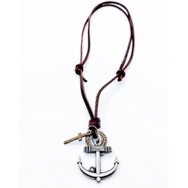 BIYONGDE Vintage Cross Nautical Marine Anchor Pendant Necklace, Adjustable Brown Leather, Men Women, Ethnic