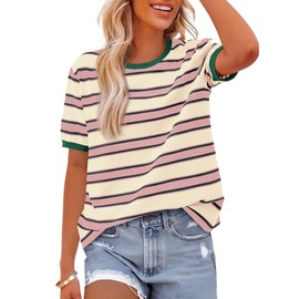 BTFBM Womens Summer Tops 2025 Crewneck Short Sleeve Striped T Shirts Casual Loose Lightweight Color Block Basic Tee(Pink Apricot, Medium)