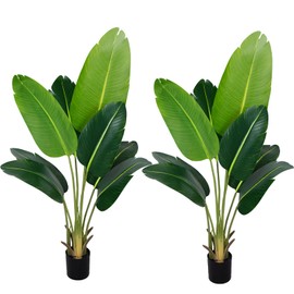 CETRD Artificial Bird of Paradise Plant 4Ft Fake Tropical Palm Tree with 8Trunks Faux Banana Leaf Trees in Pot for Home Indoor Outdoor Office Modern Decor Housewarming Gift（2Pcs）