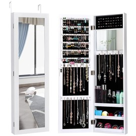 LDAILY Jewelry Armoire, Over the Door/Wall Mounted, Jewelry Organizer with Full Length Mirror & Inside Makeup Mirror, Large Capacity Storage Jewelry Cabinet for Women Girls (White)