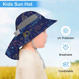 Kids Sun Hat UV Protection Unicorn Summer Beach Play Hats Wide Brim Neck Flap for Girls Boys, Dark Blue, 2-9 Years