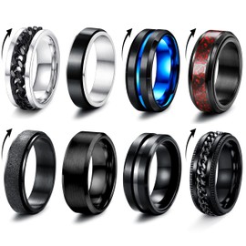 Milacolato Stainless Steel Fidget Rings, Spinner Rings, Pack of 8, for Women, Wedding/Promise Rings, Black Band Rings, Cool Black Rings for Men, UK Sizes L-Z, Metal