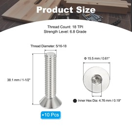 PATIKIL 5/16-18 x 1-1/2" Flat Head Socket Cap Screws, 10 Pack Flat Countersunk Bolts Hex Socket Drive Machine Screws 304 Stainless Steel 18-8 Full Thread Grade 6.8