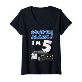 Womens Sound The Alarm I'm 5 5th Birthday Police Car Boys V-Neck T-Shirt
