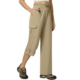 Casei Women's Cargo Capris Pants Lightweight Quick Dry Water Resistant Stretch with 6 Pockets Roll Up Travel Casual Hiking,Khaki,M