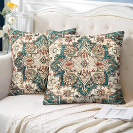 Knagsfa Set of 2 Boho Pillow Covers 14"x14" Green Bohemian Carpet Double Sided Pattern Linen Pillowcases Cushion Cover for Farmhouse Couch Sofa Bed Decorative, Only Pillowcase