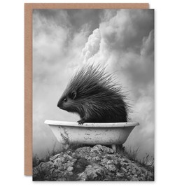 Artery8 Greeting Card Cute Porcupine in Bathtub Black White Surreal Blank For Him Or Her Art Birthday Card
