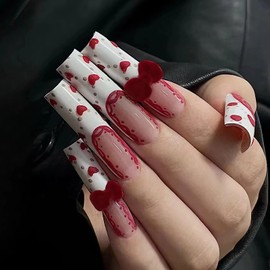 MISUD Press on Nails Long Square Fake Nails Glossy Glue on Nails White French Tip Acrylic Nails Squoval Artificial Nails Red Heart Lace Bow Stick on False Nails with Design 24 pcs