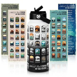 Familavida National Parks Water Bottle with Stickers | 32oz Leakproof Insulated Stainless Steel with Straw | Perfect for Hiking, Camping & Travel (White-Black)