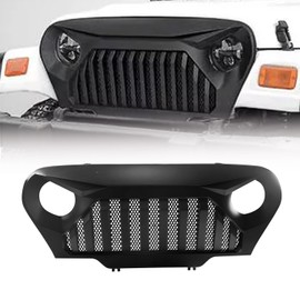 IBESTWOLF Matte Black Front Grill Grille with Mesh for 1997-2006 Jeep Wrangler TJ, Front Grille Cover Replacement for Gladiator Angry Bird