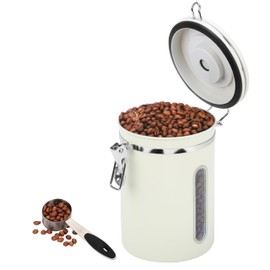 BELLE VOUS White Coffee Canister with Date Tracker, Scoop & CO2 Valve - 1.8L Stainless Steel Coffee Bean Storage Container - Airtight Kitchen Canister for Coffee Grounds, Tea & Sugar