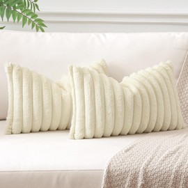 Sungeek Set of 2 Cream Faux Rabbit Fur Cushion Covers 30x50 cm, Soft Cozy Plush Striped Decorative Throw Pillow Covers 12x20 inch Velvet Lumbar Pillowcases for Sofa Bedroom