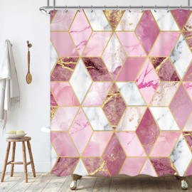 KOMLLEX Pink Gold Geometric Marble Shower Curtain 60Wx72H Inch Abstract Ombre Blush Mauve Shower Curtain Bathroom Set Modern Luxury Girly Shower Curtain for Women Aesthetic Texture Art Home Decor