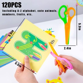 Koogel Scissor Skills Activity Book with Safety Scissors, 2 Pairs Kid Training Scissors and 120PCS Cutting Paper for Kids Fun Paper-cut Preschool Early Learning Development Ages 3+