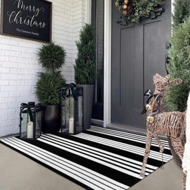 Black and White Striped Outdoor Rug,4’x6’Cotton Modern Farmhouse Rug Hand-Woven Reversible Door Mat Washable Doorway Carpet for Patio Kitchen Bedroom