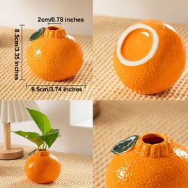 Set of 2 Ceramic Orange Vases, Small Orange Fruit Vase Decoration, Vase for Flowers Green Plants, Desktop Tabletop Office Living Room Decoration (Orange)
