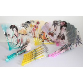 AAF Nommel® Summer Hand Fan Plastic PVC Set of 12 3 Assorted Geisha Design Model 600