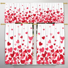 Valentine's Day Kitchen Curtains for Windows, Valentines Day Kitchen Decor Curtains and Valances Set Farmhouse, Rod Pocket Pink Heart 2 Panels (27x24) + Tier (54x18) Tier Set for Living Room