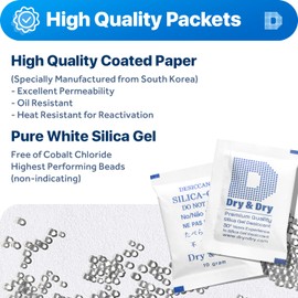 Dry & Dry 10 Gram [10 Packets] Silica Packets, Desiccant Packs, Dehumidifiers, Silica Gel Packets, Silica Gel - Food Grade Rechargeable Moisture Absorbers, Silica Gel Packets, Silica Packets