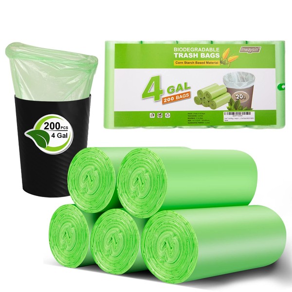 Small Trash Bags 4-6 Gallon, Inwaysin 200 Count Biodegradable Trash Bags 4 Gallon, Extra Strong Small Garbage Bags Unscented, Size Expanded, Green, for Bathroom Bedroom Office Kitchen Trash Can