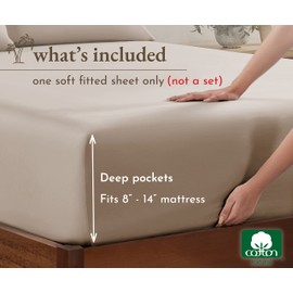 California Design Den Queen Fitted Sheet Only, Soft 100% Cotton Sateen, Deep Pocket, Durable All-Around Elastic, Head/Foot Side Indicators, Beige Fitted Sheet Queen