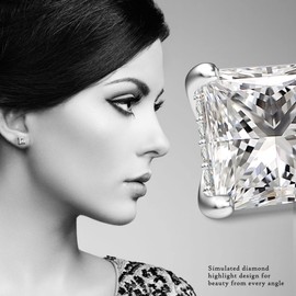 UNFAAR 18K White Gold Plated Princess Cut Cubic Zirconia Stud Earrings 4 Prong Square CZ Stud Earrings for Women Men, Rhodium Plated 925 Sterling Silver Simulated Diamond Earrings Studs