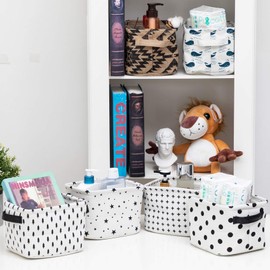 LessMo 4 Pack Storage Baskets, Collapsible Mini Storage Boxes, Canvas Fabric Waterproof Storage Bins made from Cotton and Linen, for Toys, Bathroom, Closets, Playroom (BLACK-SPOT, Thin/waterproof)