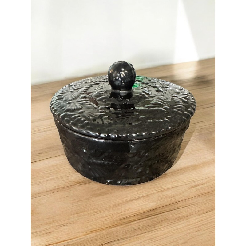 Handmade Talavera Tortilla Warmer, Black Ceramic Tortilla Storage Canister, 8.5-Inch