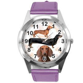 TAPORT® Purple Leather Round Watch for Dachshund Fans